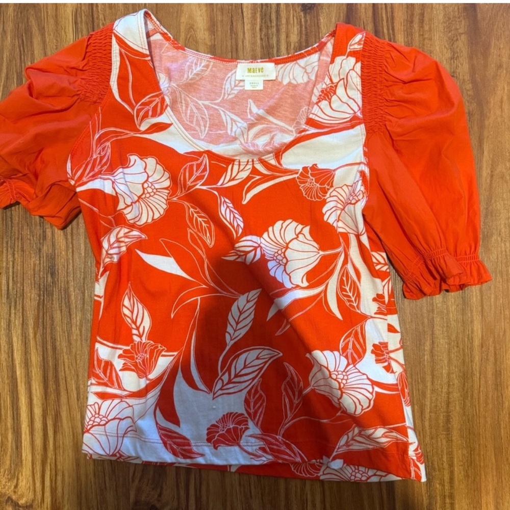 Anthropologie Orange and White Puff Sleeve Blouse